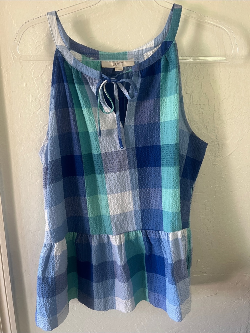 LOFT Blue & Teal Plaid Sleeveless Peplum Top XL